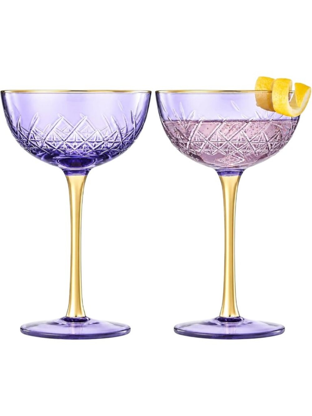 Vintage Art Deco Cocktail Glasses Set of 2 | 7 oz Crystal Coupe Goblets - Purple